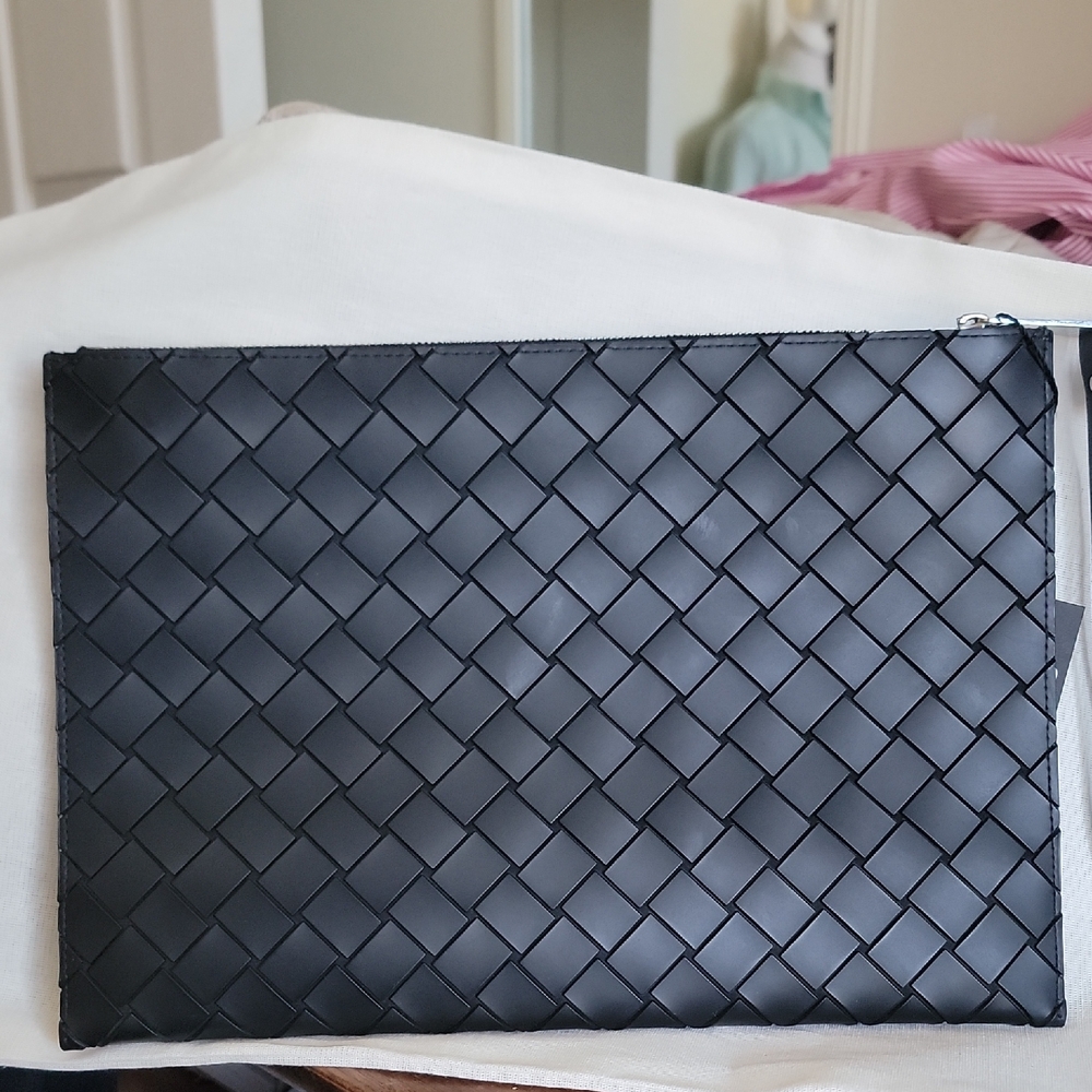 Bottega Veneta Black Rubberized Exterior  Leather Interior Clutch